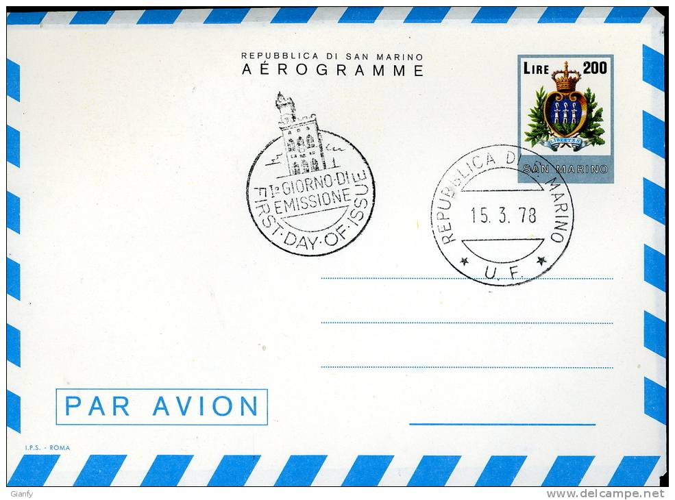 AEROGRAMMA SAN MARINO 1978 L 200 FDC - Interi Postali