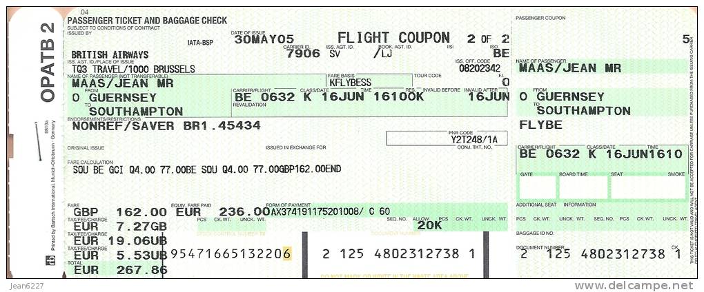 Ticket D´avion (unused Flight Coupon+passenger Receipt) - British Airways - Guernsey-Southampton - 16JUN05 - Biglietti