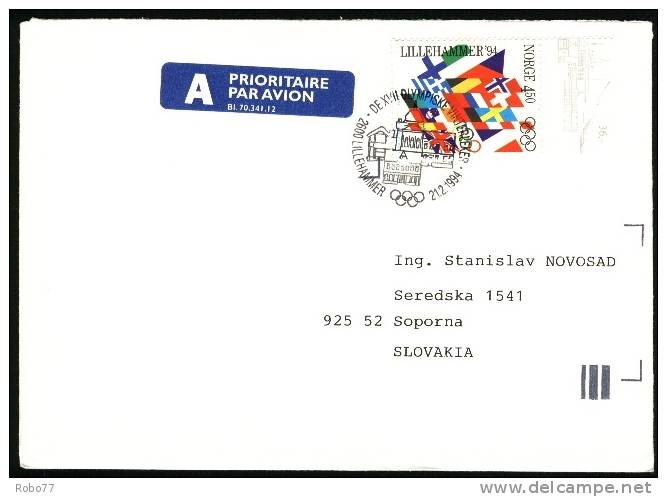 Norway Cover Sent To Slovakia. Franked With Stamp - Winter Olympic Games Lillehammer 1994. (V01316) - Invierno 1994: Lillehammer