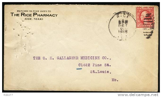 1918 USA Cover. Pharmacy, Druggist, Pharmaceutics, Chemist. The Rice Pharmacy, Texas. PeÄ. Rice Oc.2.1918(Zb05042) - Pharmacy