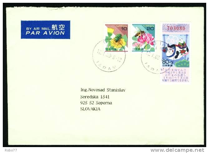 2003 Japan Cover Sent To Slovakia. Honeybee, Insect, Flowers. OHATA, AOMORI 12.I.03. Japan. (Zb07017) - Honeybees