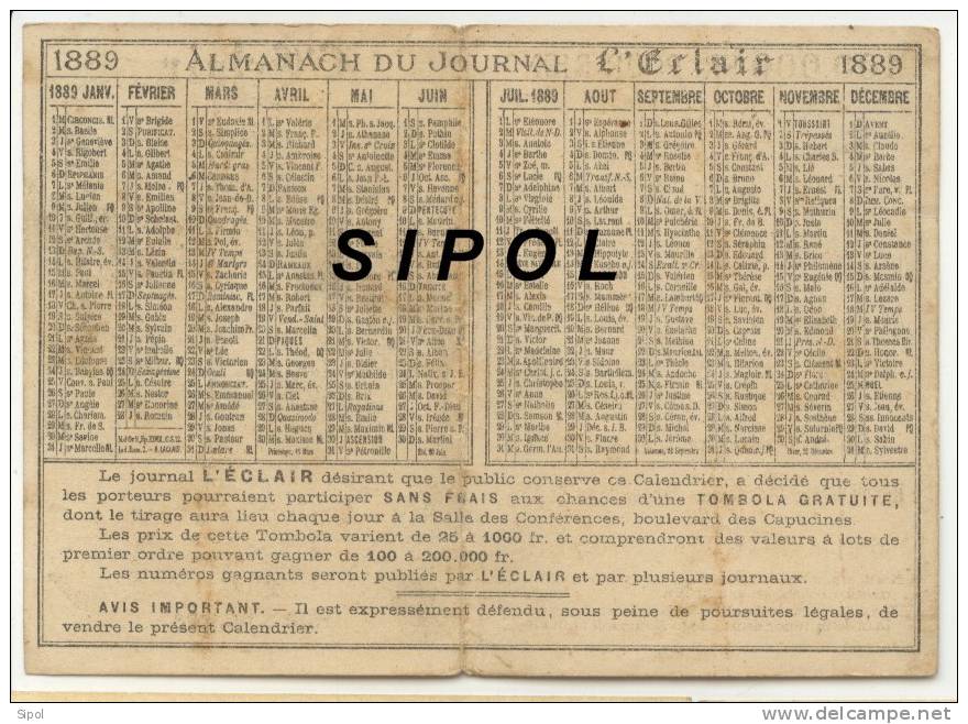 Mini Calendrier  Ou Calendrier De Poche 1889 Du Journal L Eclair 2 Feuillets 14 X 10 Cm - Autres & Non Classés