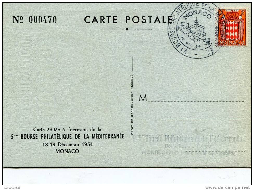 CARTOLINA DELLA V BORSA FILATELICA DEL MEDITERRANEO - MONACO - DICEMBRE 1954 - Bourses & Salons De Collections