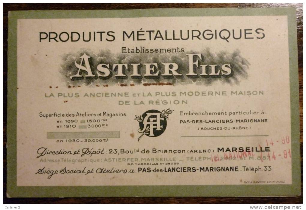 PUBLICITE PRODUITS METALLURGIQUES ASTIER-FILS MARSEILLE-MARIGNANE BOULEVARD DE BRIANCON CANALISATION AGRICULTURE BTP 13 - Unclassified