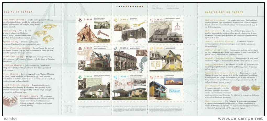 Canada Scott #1755 MNH Full Pane Of 9 With Side Tabs 45c Housing In Canada - Feuilles Complètes Et Multiples