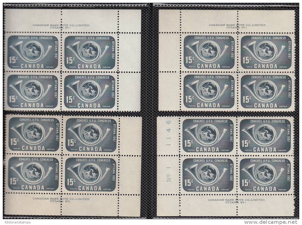 Canada 1957 UPU Congress, Mint No Hinge (see Desc), Corners Plate #1 Sc# 371-372 - Neufs