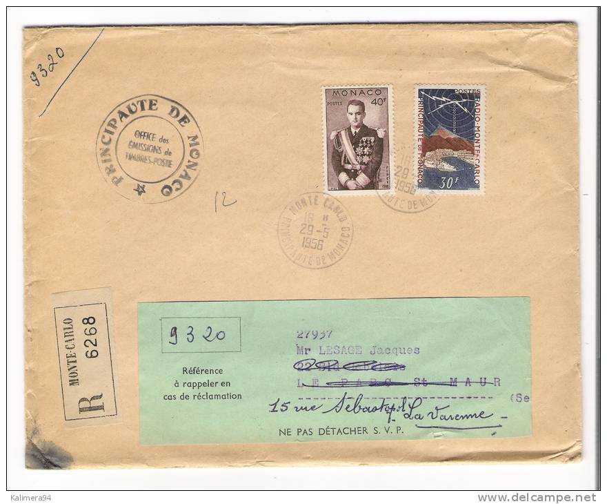 MONACO  /  Enveloppe Envoyée En Recommandé, Avec 2 Beaux Timbres + Cachet Du  29  MAI  1956 - Sonstige & Ohne Zuordnung