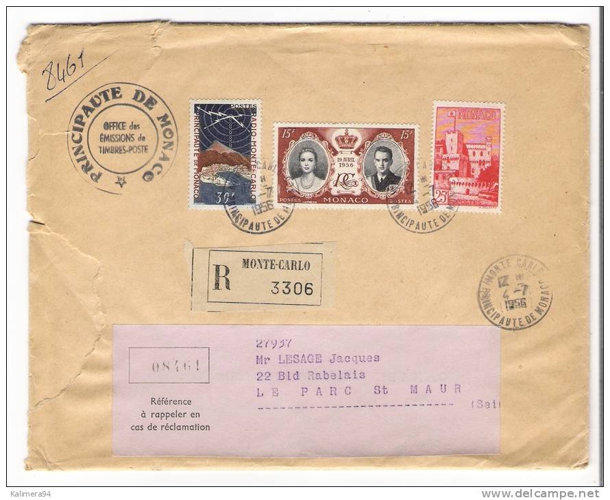 MONACO  /  Enveloppe Envoyée En Recommandé, Avec 3 Beaux Timbres + Cachet Du  4  JUILLET  1956 - Other & Unclassified