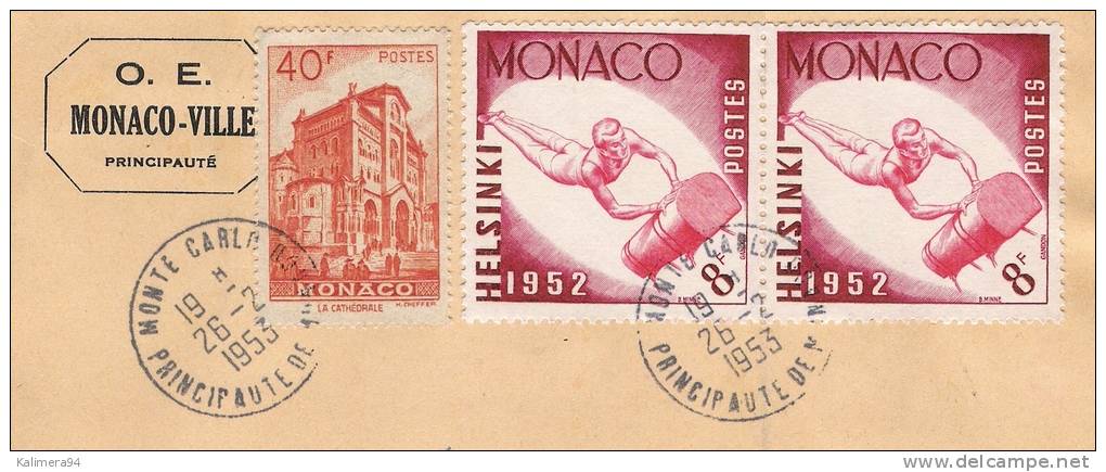 MONACO  /  Demie-Enveloppe Envoyée En Recommandé, Avec 3 Beaux Timbres + Cachet Du  2  FEVRIER  1953 - Sonstige & Ohne Zuordnung