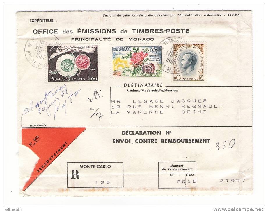 MONACO  /  Enveloppe Envoyée En Recommandé, Avec 3 Beaux Timbres + Cachet Du  19  JUIN  1961 - Other & Unclassified