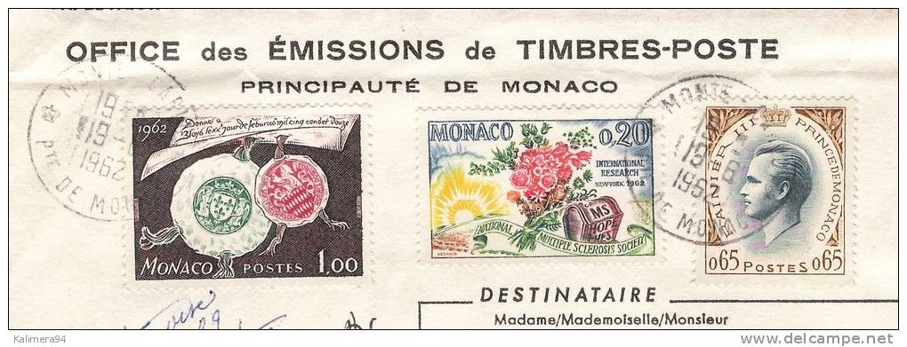 MONACO  /  Enveloppe Envoyée En Recommandé, Avec 3 Beaux Timbres + Cachet Du  19  JUIN  1961 - Other & Unclassified