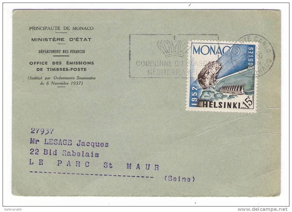 MONACO  /  Carte-lettre De La POSTE MONEGASQUE + 1 Beau Timbre + Cachet COURONNE DU BLASON MEDITERRANEEN , En 1954 - Other & Unclassified