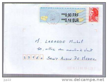 France Lettre CAD Creil CDIS 28-12-2001 Vignette De Distributeur Lisa à 0,90 Parité En Euro + Tp Liberté 2322 Roulette - 2000 Type « Avions En Papier »