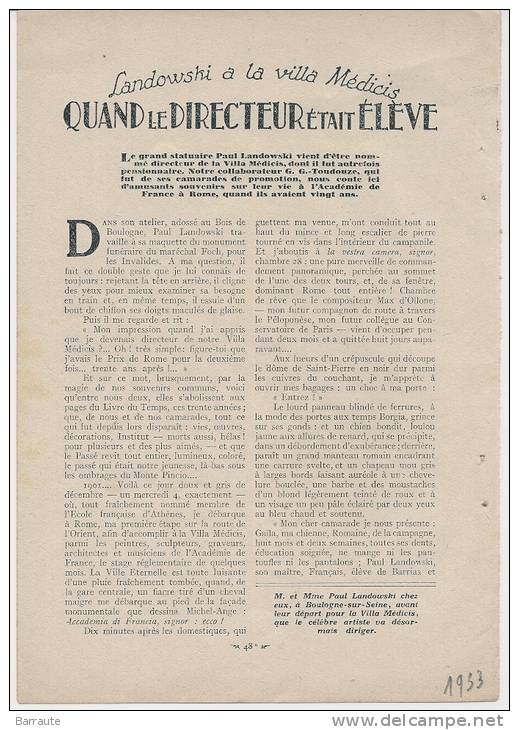 Feuillet  Article Actualité De 1933 "LANDOWSKI A La VILLA MEDICIS" Quand Le Directeur était éleve. - Historical Documents