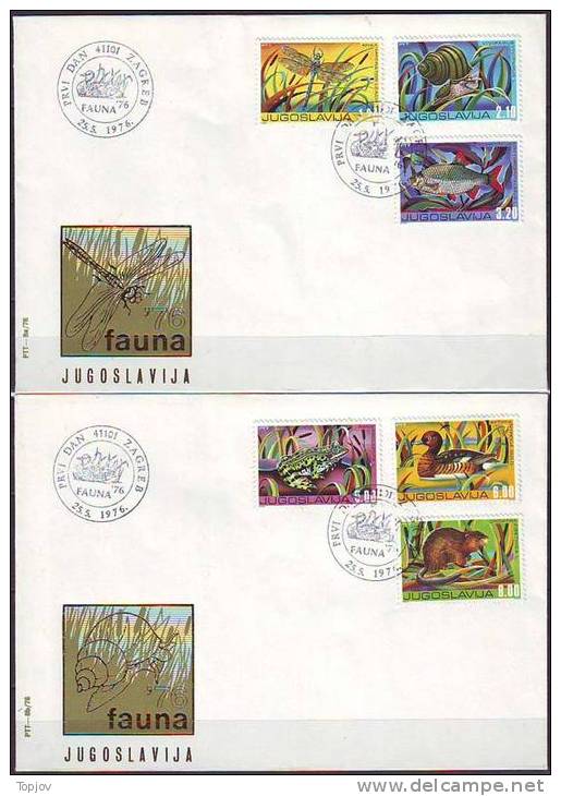 YUGOSLAVIA - JUGOSLAVIJA   - FAUNA - FROG, SNAIL, DRAGONFLY, FISH,DUCK  - FDC  ZAGREB - 1976 - Kikkers