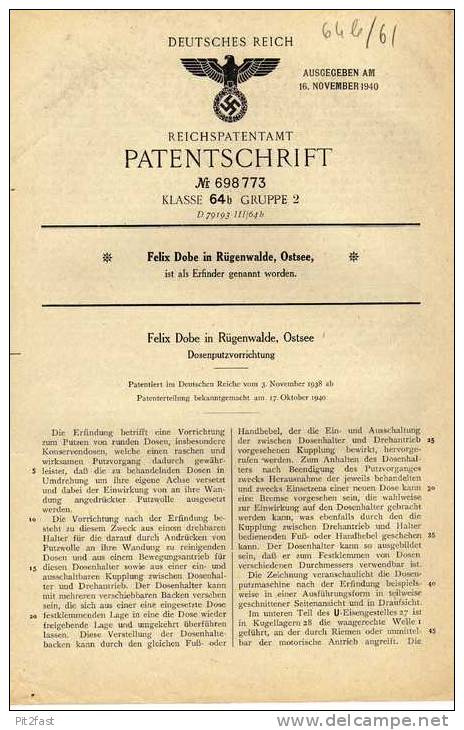 Original Patentschrift - Felix Dobe In Rügenwalde / Dar&#322;owo , 1938, Dosen - Putzapparat !!! - Macchine