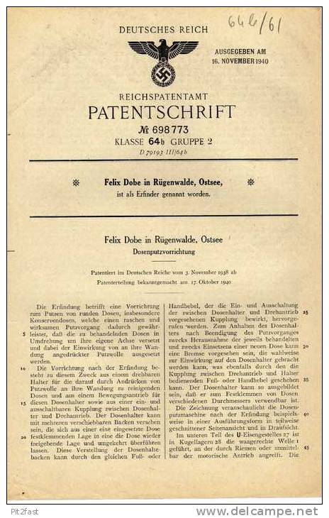 Original Patentschrift - Felix Dobe In Rügenwalde / Dar&#322;owo , 1938, Dosen - Putzapparat !!! - Maschinen