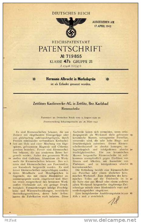 Original Patentschrift - Zettlitzer Kaolinwerke AG In Zettlitz , 1939 ,Bez. Karlsbad , Riemenscheibe , Karlovy Vary !!! - Véhicules