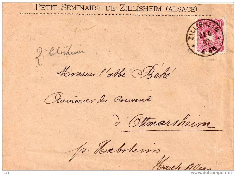 FRANCE ALSACE LETTRE DE ZILLISHEIM 1882 - Autres & Non Classés