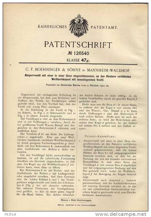 Original Patentschrift - C.F. Boehringer & Söhne In Mannheim - Waldhof ,1900, Sperrventil , Metallbau !!! - Maschinen