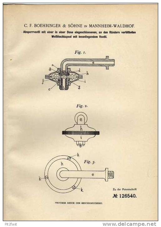 Original Patentschrift - C.F. Boehringer & Söhne In Mannheim - Waldhof ,1900, Sperrventil , Metallbau !!! - Macchine