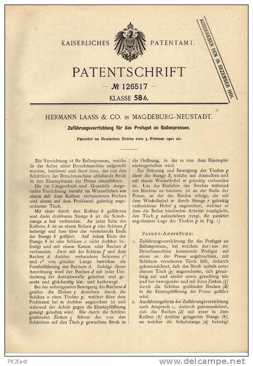 Original Patentschrift - H. Laass & Co In Magdeburg - Neustadt ,1901,  Ballenpresse , Landwirtschaft !!! - Trattori