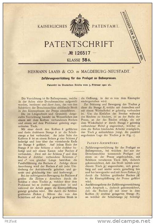 Original Patentschrift - H. Laass & Co In Magdeburg - Neustadt ,1901,  Ballenpresse , Landwirtschaft !!! - Traktoren