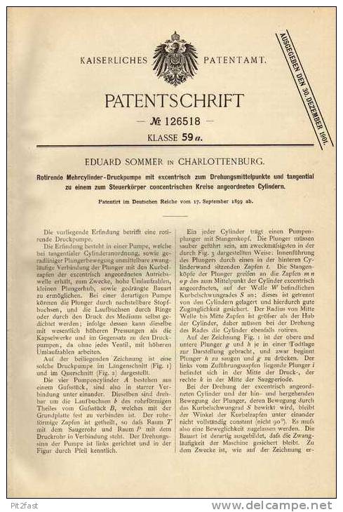 Original Patentschrift - Eduard Sommer In Charlottenburg , 1899 , Mehrcylinder - Druckpumpe , Berlin - Cars