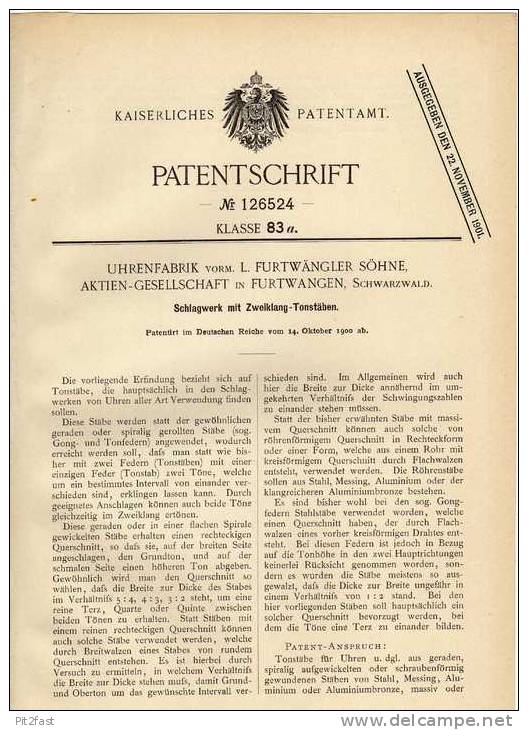 Original Patentschrift -  Uhrenfabrik , L. Furtwängler & Söhne AG In Furtwangen , 1900, Schwarzwald , Schlagwerk !!! - Montres Anciennes