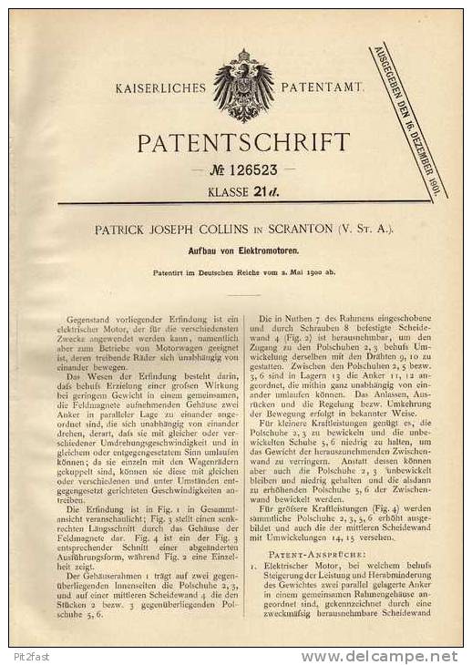 Original Patentschrift - P.J. Collins In Scranton , USA , Elektromotor , 1900 !!! - Machines