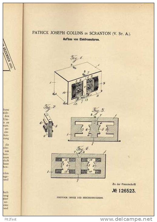 Original Patentschrift - P.J. Collins In Scranton , USA , Elektromotor , 1900 !!! - Machines