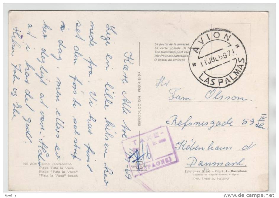 Spain Postcard UNDERPAID (NO STAMPS) With Postal Due T Sent To Denmark Las Palmas 11-7-1969 - La Palma