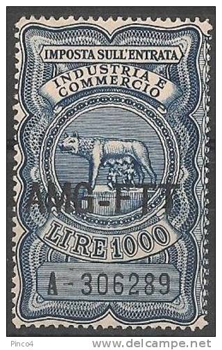 TRIESTE A MARCA IMPOSTA SULL'ENTRATA SOVRASTAMPA SU UNA RIGA USATA LIRE 1000 - Revenue Stamps