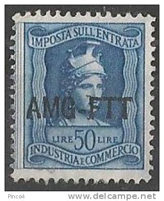 TRIESTE A MARCA IMPOSTA SULL´ENTRATA SOVRASTAMPA SU UNA RIGA USATA LIRE 50 - Revenue Stamps