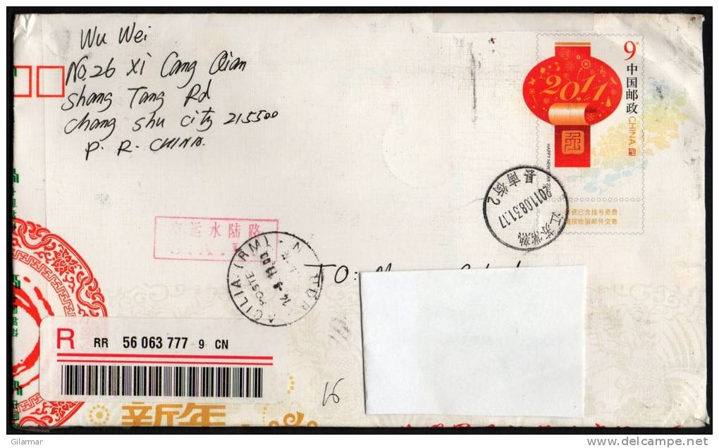 CHINA 2011 - REGISTERED POSTAL STATIONERY SENT IN ITALY - BACK SIDE STAMPS: TIBETAN RELICS / 1998 UPU CONGRESS - Nuovi