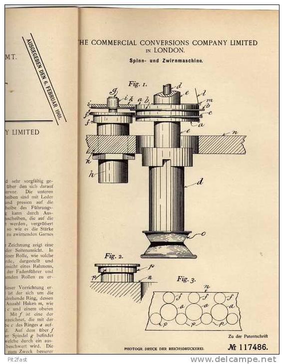 Original Patentschrift - The Commercial Conversions Company In London ,1900,  Spinn- Und Zwirnmaschine , Spinnerei !!! - Tools