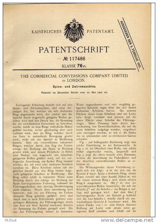 Original Patentschrift - The Commercial Conversions Company In London ,1900,  Spinn- Und Zwirnmaschine , Spinnerei !!! - Máquinas