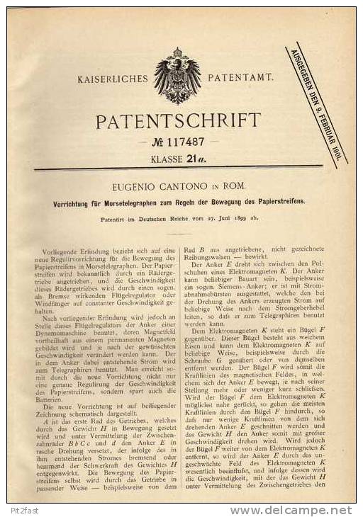 Original Patentschrift - E. Cantono In Rom , Telegraph , Morsegerät , 1899 , Telegraphy , Telegraphie !!! - Telefonia