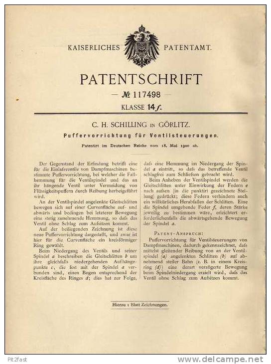 Original Patentschrift -  C.H. Schilling In Görlitz ,1900, Ventilsteuerung  !!! - Cars