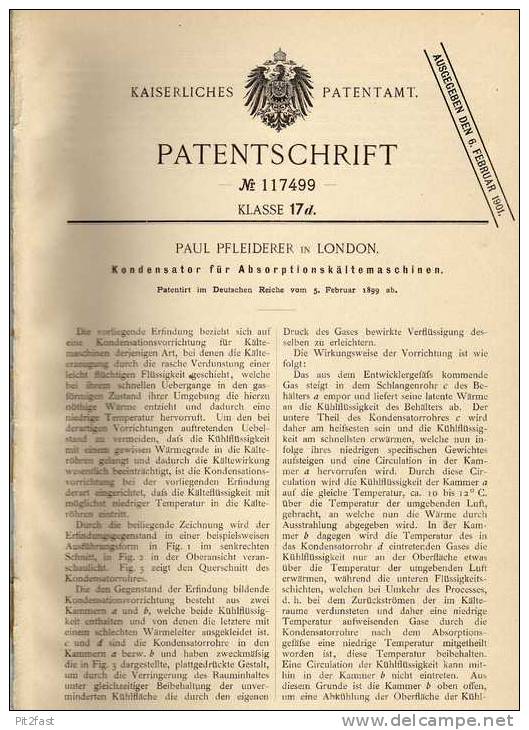 Original Patentschrift - Paul Pfleiderer In London ,1899, Kondensator Für Kältemaschine !!! - Maschinen