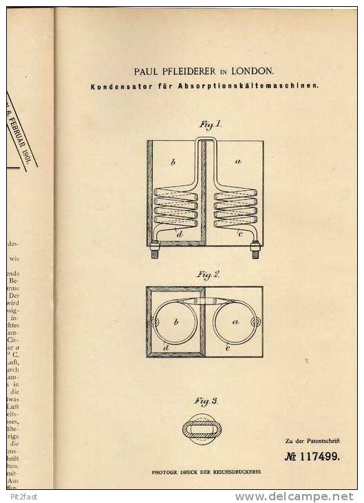 Original Patentschrift - Paul Pfleiderer In London ,1899, Kondensator Für Kältemaschine !!! - Maschinen