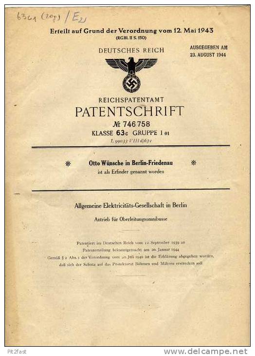 Original Patentschrift - Otto Wünsche , AEG In Berlin ,1939 ,  Oberleitungsbus , Bus , Straßenbahn  !!! - Trucks