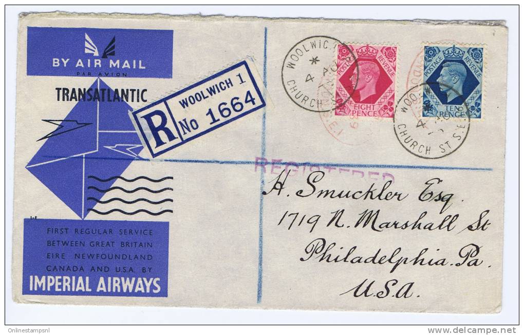 UK Registered Cover From Woolwich To Philadelphia USA Double Canceled Red/black Carrier Imperial Airways 1939 - Marcophilie