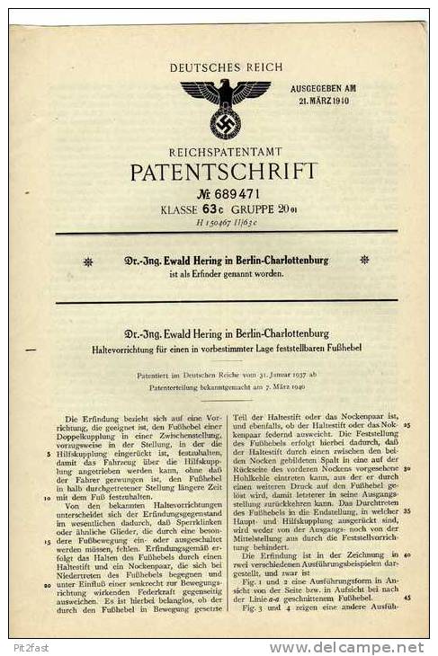 Original Patentschrift -  Dr.Ing. Ewald Hering In Berlin - Charlottenburg ,1937, Fußhebel , Hilfskupplung !!! - Cars