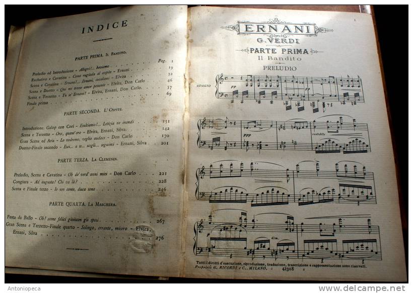 ITALIA PARTITURA MUSICALE "ERNANI" DI GIUSEPPE VERDI DEIPRIMI 900 - Libros Antiguos Y De Colección