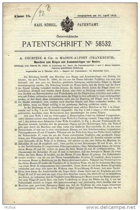 Original Patentschrift - A. Courtine & Cie In Maison - Alfort , 1912 , Maschine Für Nudeln !!! - Maschinen