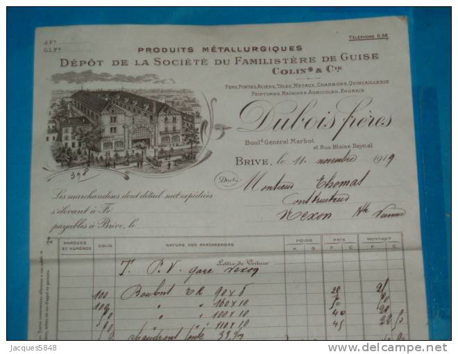 Factures) Brive : Produits Métallurgiques ( DUBOIS FRERES ) Dépot De La Société Du Familistère De Guise - Autres & Non Classés