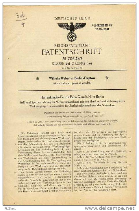 Original Patentschrift - Kleiderfabrik Beha GmbH In Berlin - Treptow, 1939, Stoffschneidemaschine , Schneiderei , Stoffe - Literatur