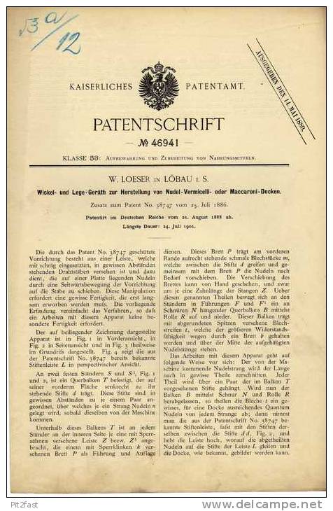 Original Patentschrift - W. Loeser In Löbau ,1888 , Herstellmaschine Von Nudeln !!! - Máquinas