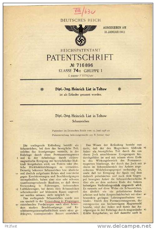 Original Patentschrift - Dipl.-Ing. Heinrich List In Teltow ,1938 , Schauzeichen Für Flugzeuge !!! - Fliegerei